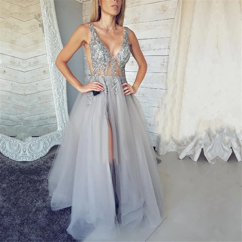 New 2019 Sliver Lace Tulle Evening Dress Illusion Backless High Split Sexy Long Prom Gown Custom Made Women Occasion Dresses
New 2019 Sliver Lace Tulle Evening Dress Illusion Backless High Split Sexy Long Prom Gown Custom Made Women Occasion Dresses