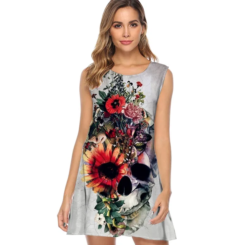 Women Skull Face Printed Dress Women Sleeveless O Neck Summer Boho Style Beach Dress 2019 Mini Short Loose Chiffon Shift Dress
Women Skull Face Printed Dress Women Sleeveless O Neck Summer Boho Style Beach Dress 2019 Mini Short Loose Chiffon Shift Dress