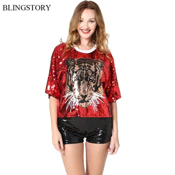 BLINGSTORY Elegant Summer Heavy Industry Short Sleeve Party Club Wear Loose Tiger T-shirt Glitter Sequin Tops Women Drop-ship
BLINGSTORY Elegant Summer Heavy Industry Short Sleeve Party Club Wear Loose Tiger T-shirt Glitter Sequin Tops Women Drop-ship