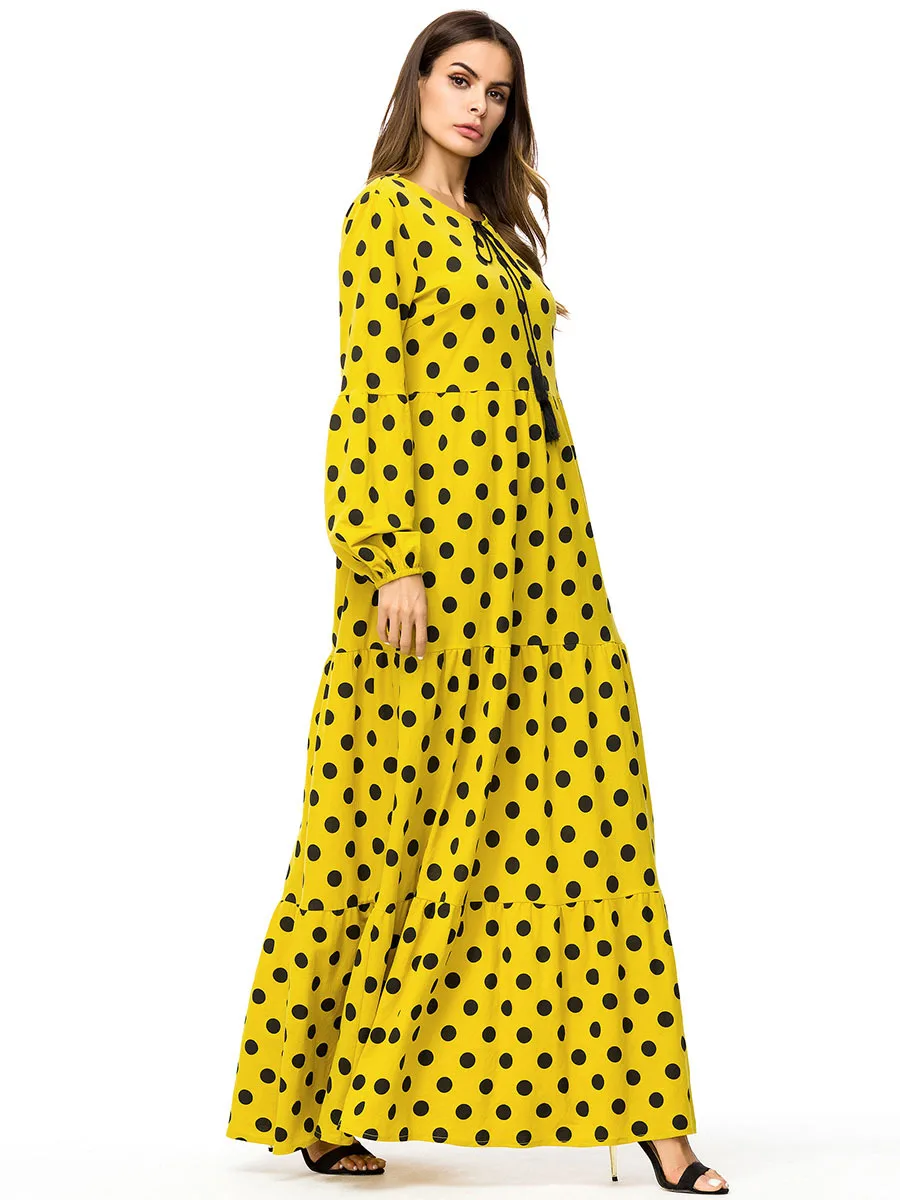 Casual Full Dots Abayas Yellow Long Dress Arab Caftan Turkey Middle East Muslim Women Dress Fashion 7195
Casual Full Dots Abayas Yellow Long Dress Arab Caftan Turkey Middle East Muslim Women Dress Fashion 7195