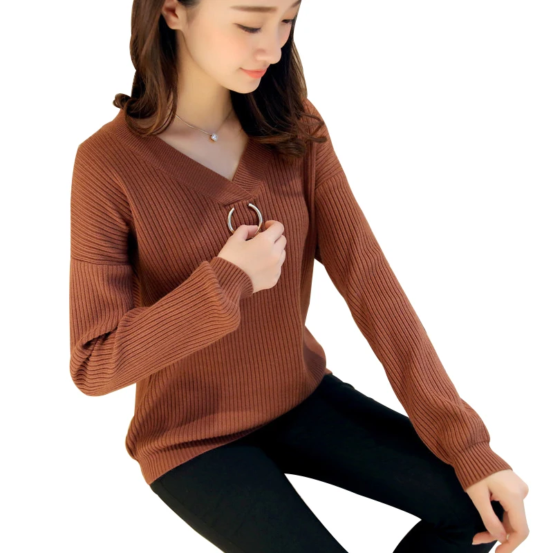 Autumn V-neck Loose Oversized Sweaters Knit Top Female Casual Long Sleeve Pullover Fashion Metal Buckle Womens Brown Sweater
Autumn V-neck Loose Oversized Sweaters Knit Top Female Casual Long Sleeve Pullover Fashion Metal Buckle Womens Brown Sweater