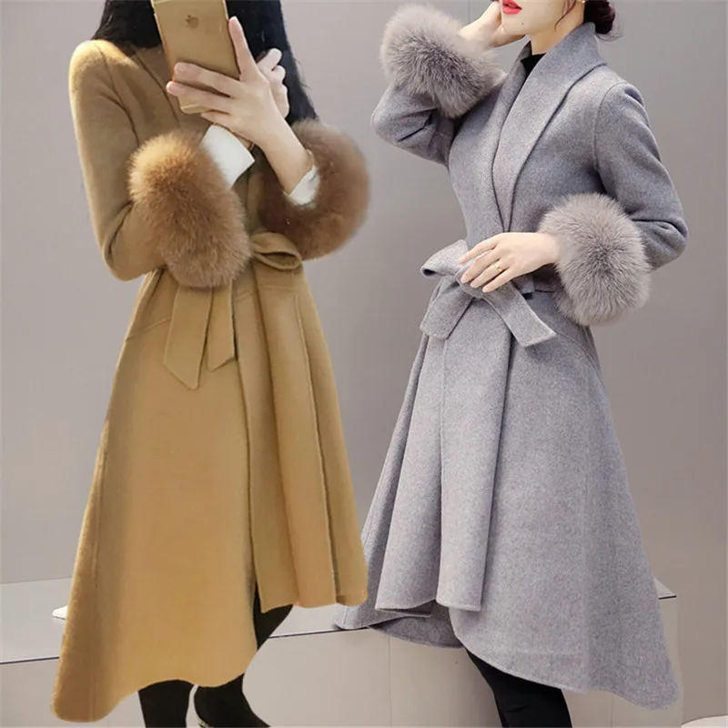 Winter Warm Overcoat Women With Fur Sleeve Turn down collar Slim Sashes Long coat For Girls
Winter Warm Overcoat Women With Fur Sleeve Turn down collar Slim Sashes Long coat For Girls