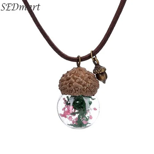 

SEDmart Dried Flowers Dandelion Acorn Pine Cone Glass Glow In Dark Pendant Necklace for Women Men Leather Rope Gift Dropship Hot