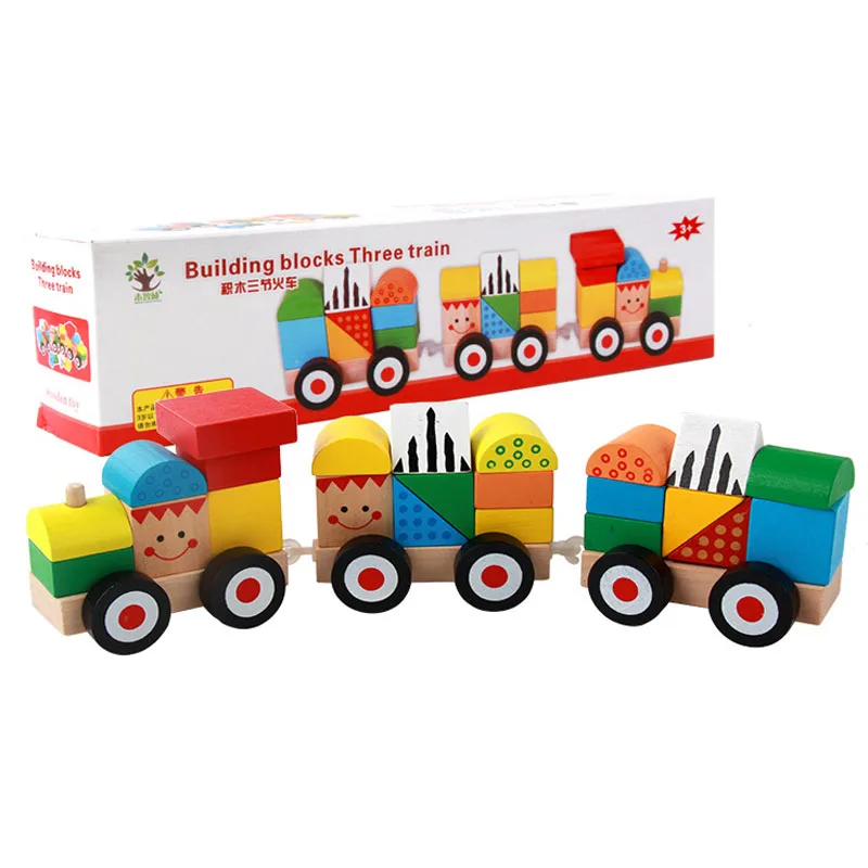 Wooden Pull Toys Three Trains Building Blocks Children Educational Toy Detachable Assembly |