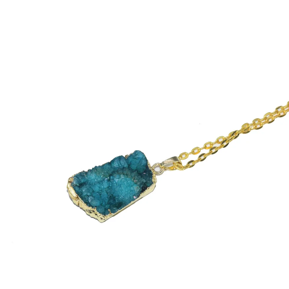 Geode Druzy Crystal Quartz Pendant Necklace Blue Irregular Energy Custom Adjustable stone gold chain women long necklace 2019 | Украшения и