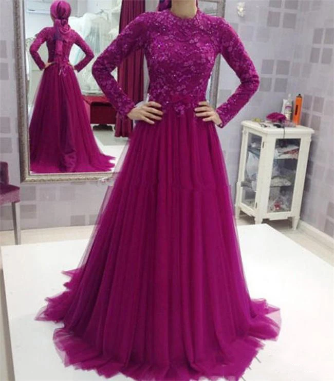Muslim Long Sleeve A line Evening Dresses 2019 Beaded Applique Lace Tulle Custom made Arabic Formal Party Gowns
Muslim Long Sleeve A line Evening Dresses 2019 Beaded Applique Lace Tulle Custom made Arabic Formal Party Gowns