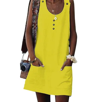 Fashion Women Dress Solid Color Sleeveless Pockets Button Loose Dress for Summer TY66
Fashion Women Dress Solid Color Sleeveless Pockets Button Loose Dress for Summer TY66