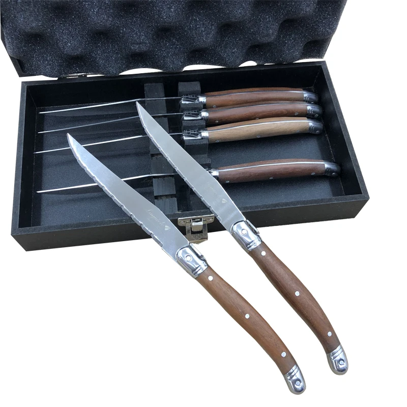 6pcs 9inch Japanese Flatware Wood Dinner Knives Laguiole style Stainless steel Steak Knifes in Black Giftbox Restaurant Supply
6pcs 9inch Japanese Flatware Wood Dinner Knives Laguiole style Stainless steel Steak Knifes in Black Giftbox Restaurant Supply