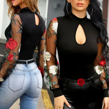 Sexy Women See Through Sheer Slim Bodysuit Leotard Tops Long Sleeve Ladies Playsuit Triangle Bodysuit Embroidery Flower Jumpsuit