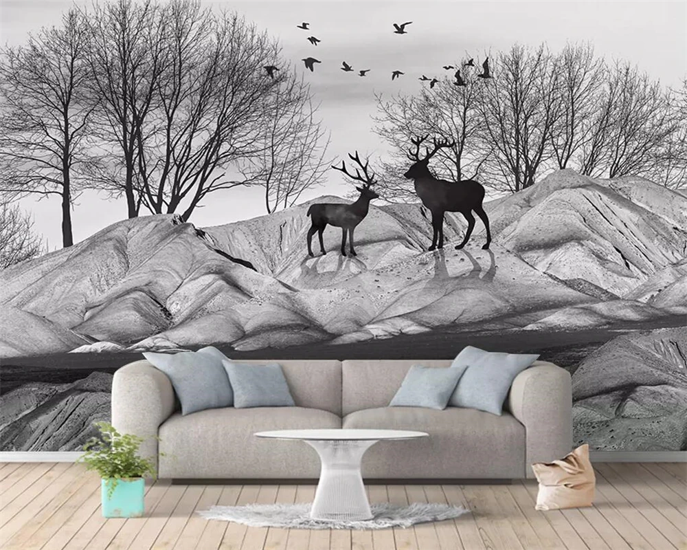 beibehang Wallpaper Custom 3D Nordic Minimalist Black Mountain Big Tree Flying Bird Elk Photo Mural Wall Living Room Background |