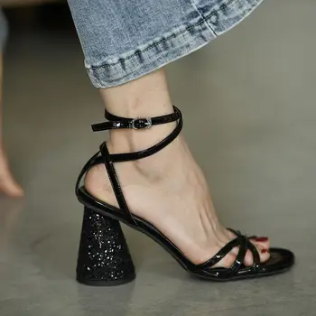 Black Leather Women Dress Sandals Gladiator Ankle Strap Summer Pumps 8cm Chunky High Heels Sequin Party Shoes Sandalias Creepers
Black Leather Women Dress Sandals Gladiator Ankle Strap Summer Pumps 8cm Chunky High Heels Sequin Party Shoes Sandalias Creepers