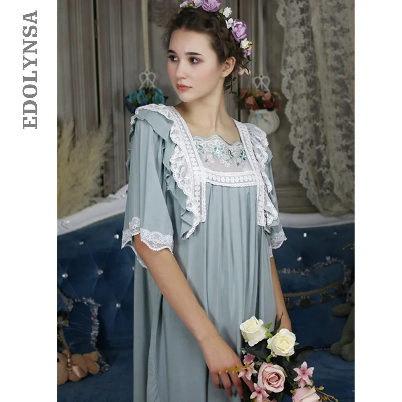 

Pink Cotton Victorian Dress Vintage Sleepwear Autumn Women Nightwear Palace Style Petal Sleeve Long Nightgown Sleep Shirt T303