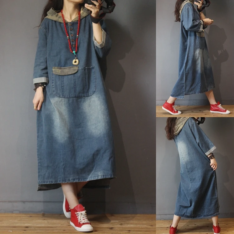 Spring Autumn Women Casual All-match Ultra Loose Plus Size Vintage Pockets Patchwork Hooded Denim Dresses 
Spring Autumn Women Casual All-match Ultra Loose Plus Size Vintage Pockets Patchwork Hooded Denim Dresses