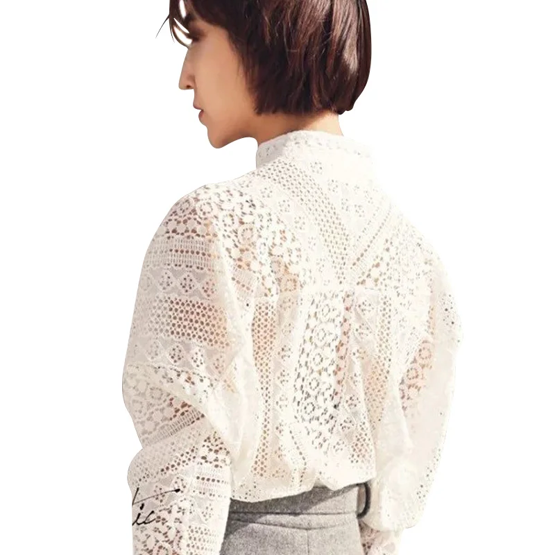 Spring Fashion Women Elegant Sexy Lace Hollow Out White Blouse See Through Stand Collar Long Sleeve Shirts Loose Brand
Spring Fashion Women Elegant Sexy Lace Hollow Out White Blouse See Through Stand Collar Long Sleeve Shirts Loose Brand