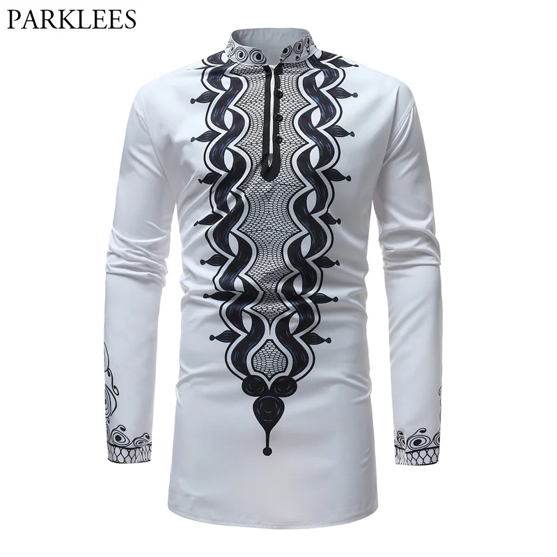

African Tribal Dashiki Longline Shirt 2018 Brand New Slim Long Sleeve Mandarin Collar Dress Shirt Men African Clothing Camisa