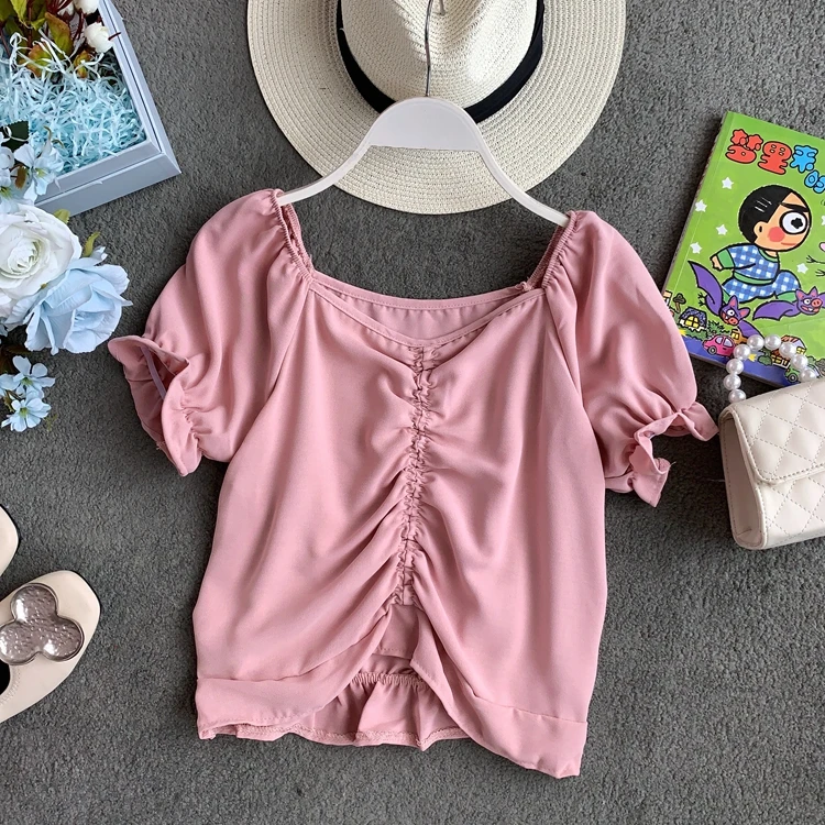 Summer 2019 New Korean V-collar Folded Draw-rope Received Waist Chiffon Shirt Women Slim Short Sleeve Blouse Tops H326
Summer 2019 New Korean V-collar Folded Draw-rope Received Waist Chiffon Shirt Women Slim Short Sleeve Blouse Tops H326