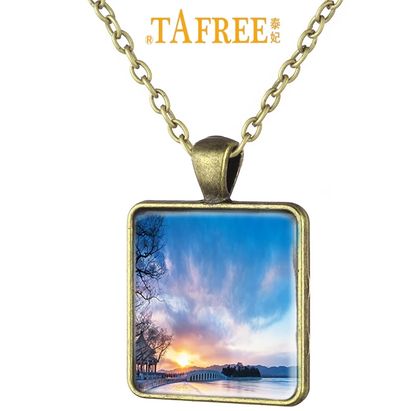 

TAFREE Summer Palace in Beijing Chinese Scenery Art Picture Square Necklace Antique Bronze Plated Glass Cabochon Jewelry YH01