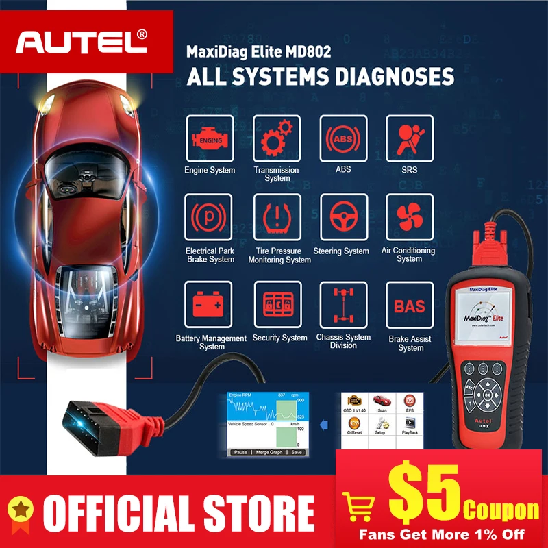 AUTEL MaxiDiag Elite MD802 All system DS model Car OBD2 Scanner Full System Diagnoses ABS SRS Engine Transmission EPB Oil Reset
AUTEL MaxiDiag Elite MD802 All system DS model Car OBD2 Scanner Full System Diagnoses ABS SRS Engine Transmission EPB Oil Reset