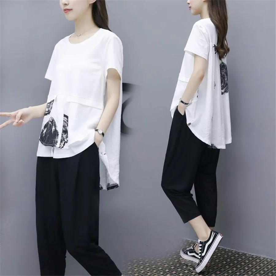 Plus Size Summer Two Piece Sets Women Casual Elegant Korean Tracksuits Short Sleeve Tops And Cropped Pants Suits Women's Sets
Plus Size Summer Two Piece Sets Women Casual Elegant Korean Tracksuits Short Sleeve Tops And Cropped Pants Suits Women's Sets