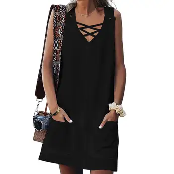 Plus Size Solid Color Summer Women Casual Loose Cross Strap V Neck Sleeveless Beach Party Dress with Pocket Sundress Vestidos br
Plus Size Solid Color Summer Women Casual Loose Cross Strap V Neck Sleeveless Beach Party Dress with Pocket Sundress Vestidos br