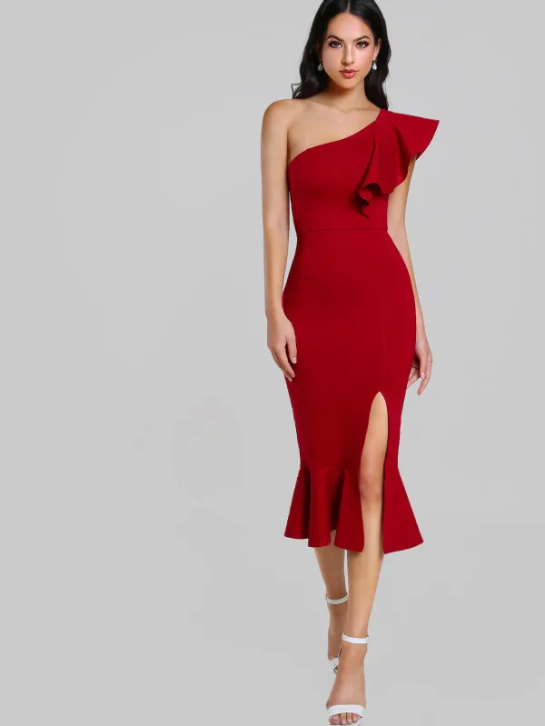 Women Sexy One Shoulder Black Red Bodycon Bandage dress 2018 Fashion Ruffles Open Fork Party Dress 
Women Sexy One Shoulder Black Red Bodycon Bandage dress 2018 Fashion Ruffles Open Fork Party Dress