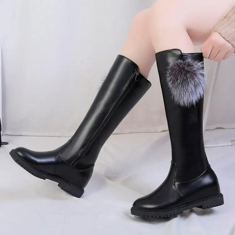 Зимние сапоги до колена женская черная кожаная обувь Zapatos De Mujer увеличивающая