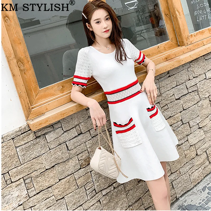 2019 Spring/Summer New Women's Contrast White Color Hollow Out Pockets Short Sleeve Soft Knit Slim One-piece Dress S,M,L
2019 Spring/Summer New Women's Contrast White Color Hollow Out Pockets Short Sleeve Soft Knit Slim One-piece Dress S,M,L