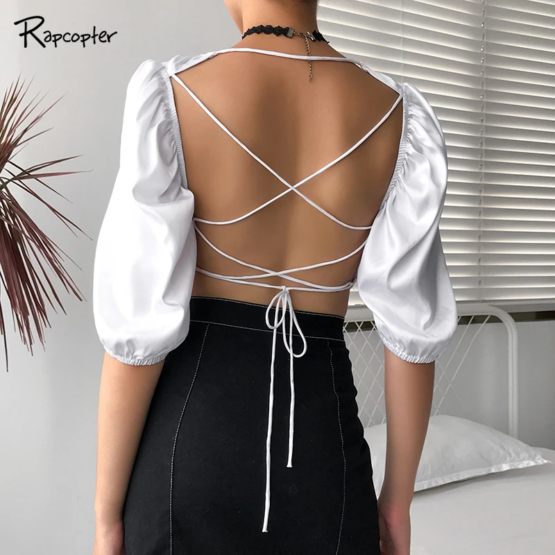 Rapcopter Half Puff Sleeve Sexy Hollow Out Women T-shirt White Frenulum in Back Women Korean Style Crop Harajuku Tee Shirts 2019
Rapcopter Half Puff Sleeve Sexy Hollow Out Women T-shirt White Frenulum in Back Women Korean Style Crop Harajuku Tee Shirts 2019