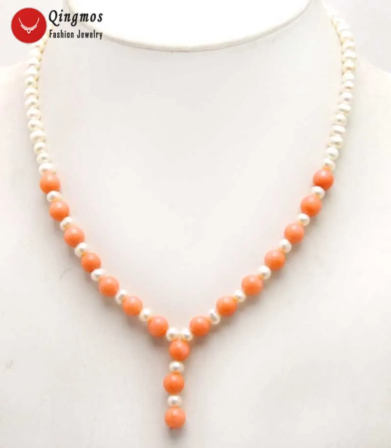 

Qingmos Trendy Natural Pearl Chokers Necklace for Women with 6-7mm Round White Pearl & Pink Coral 17'' Pendant Necklace-nec5997