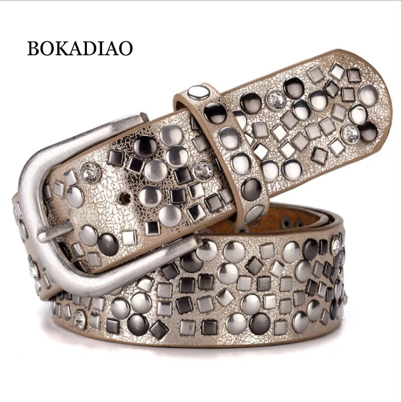 

BOKADIAO women belt punk Pin buckle Vintage geometry Rivets luxury lady's original leather belts for woman waistband female belt