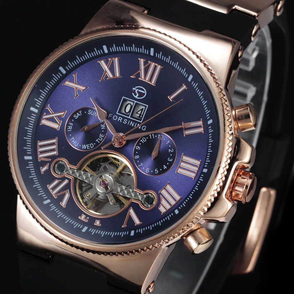 FORSINING Mens Dress Tourbillon Mechanical Watch Auto Date Roman Blue Dial Rubber Band Automatic Rose Gold Sport Watches For Men
FORSINING Mens Dress Tourbillon Mechanical Watch Auto Date Roman Blue Dial Rubber Band Automatic Rose Gold Sport Watches For Men