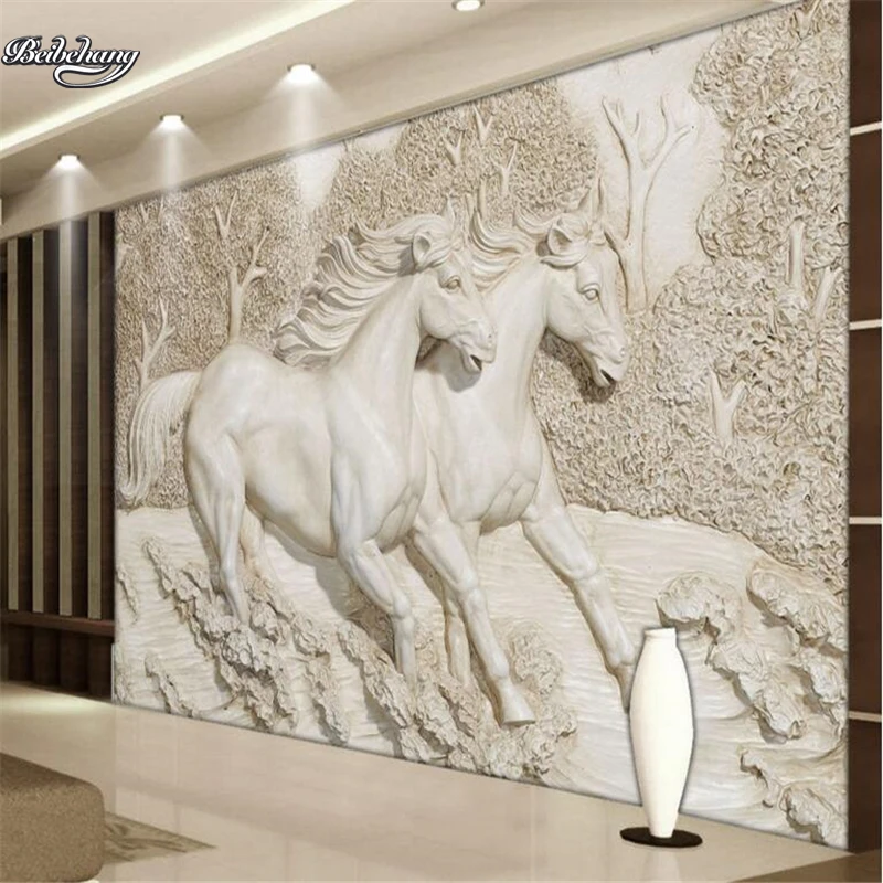 

beibehang 3D Stereo Relief White Horse TV Backdrop Customized Large Mural Nonwovens Green Wallpaper papel de parede para quarto