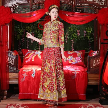 Gold and Red dragon gown Dress Spring Autumn Chinese style bridal evening dress show clothing Cantonese Embroidery Size S-XXL
Gold and Red dragon gown Dress Spring Autumn Chinese style bridal evening dress show clothing Cantonese Embroidery Size S-XXL