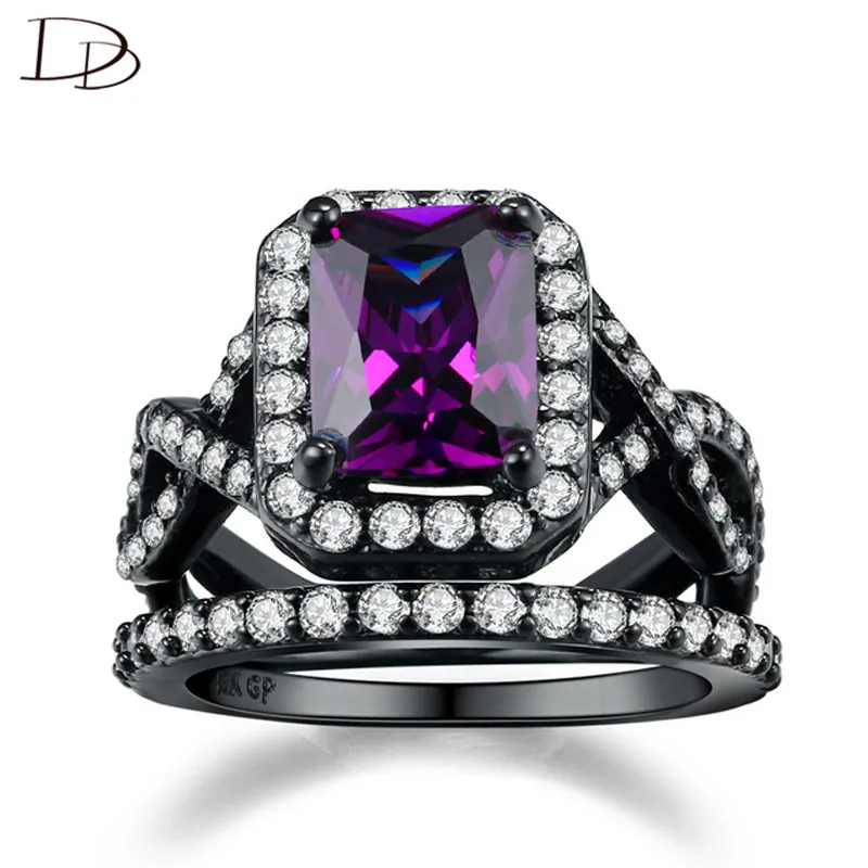 Фото DODO Punk Black Gold Color Couple Rings For Women Square Purple AAA Zircon Fine Jewelry Party Anel 2Pcs Bague Best Gifts Dd224 | Украшения