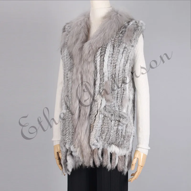 

ETHEL ANDERSON Lady Knitted Real Rabbit Fur Long Vest Gilet Raccoon Fur Collar Tassels High Quality Waistcoat Top Jacket Pockets