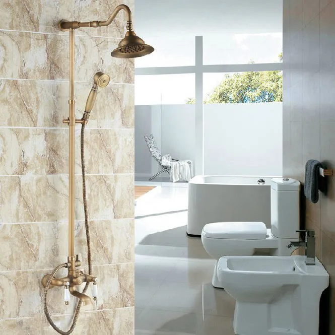 Antique Brass Two Ceramic Handle Bathroom Rain Shower Faucet Set Tub Mixer Tap + 6.3" Round Rain Shower Head + Handshower ars045
Antique Brass Two Ceramic Handle Bathroom Rain Shower Faucet Set Tub Mixer Tap + 6.3" Round Rain Shower Head + Handshower ars045