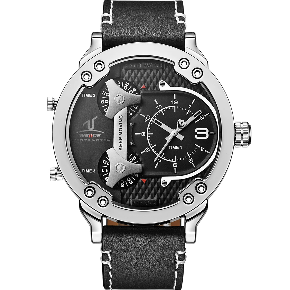 WEIDE Men's Quartz Watch w/ Leather Strap & Analog Dial & Three Time Zones 30M Water-Resistant