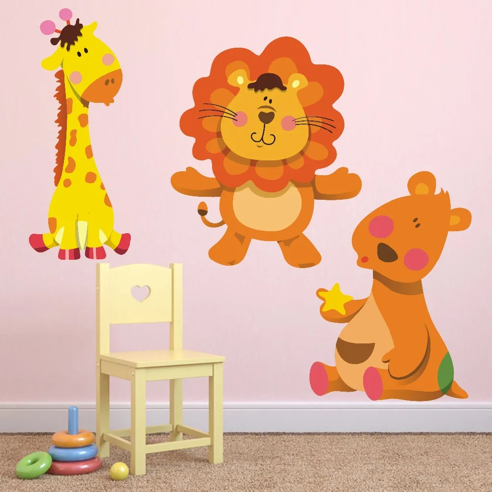 Cartoon Cute Animal Lion Giraffe Hippo Wall Art Decal For Kids Nursery Bedroom Vinyl Wall Sticker Removable Wallpaper Home Decor (1)
