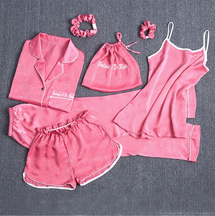 

Sweet Women Pajamas V-Neck Nightdrss+Shots+Long Sleeve Section Pajama Set Female Summer Sleepwear