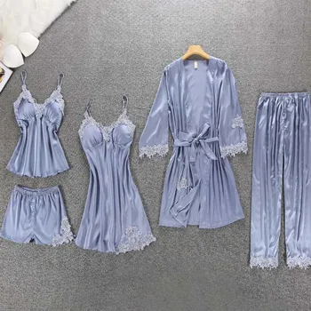 5 Pieces Sexy Lace Satin Silk Women Pajamas Set Summer Fashion Long Sleeve Large Size Female Home Clothes With Chest Pad Pijamas
5 Pieces Sexy Lace Satin Silk Women Pajamas Set Summer Fashion Long Sleeve Large Size Female Home Clothes With Chest Pad Pijamas