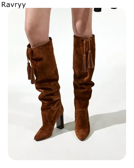 

2018 New Brown Woman Long Boots Suede Lather Nice Tassel Decor High Heel Concise Boots Autumn Winter Fashion Female Party Shoes