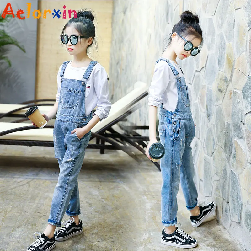 Girls Denim Overalls Spring Autumn Button Jumpsuit Cat Pattern Teens Straight Bib Pants Solid Cotton Baby Clothes Kids Overalls