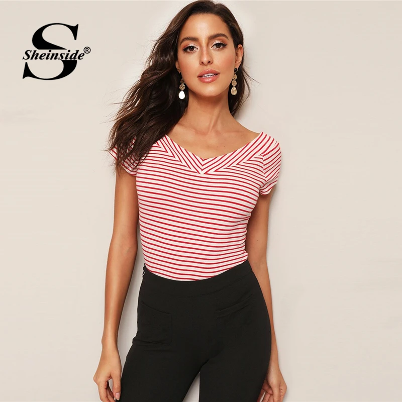 Sheinside Red Casual V Neck Stripe Print T-Shirt Women 2019 Summer Short Sleeve Stretchy Tee Ladies Back V-Cut Trim Top
Sheinside Red Casual V Neck Stripe Print T-Shirt Women 2019 Summer Short Sleeve Stretchy Tee Ladies Back V-Cut Trim Top