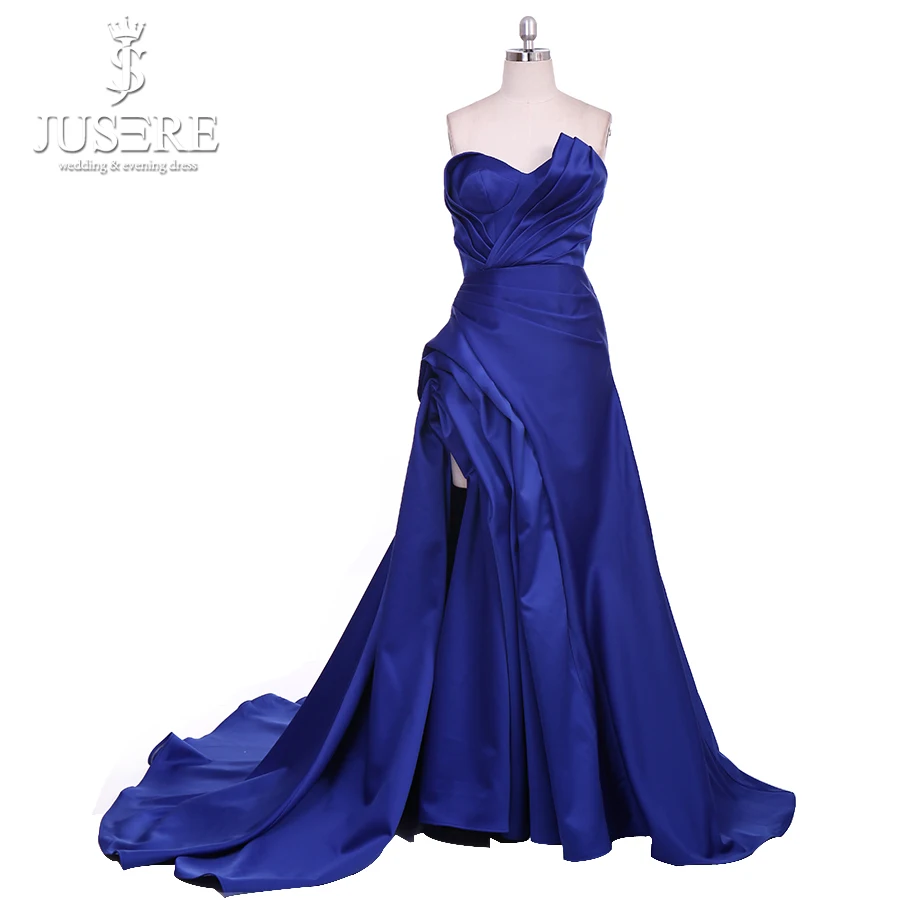 Jusere New Arrival Blue A line Off Shoulder Satin Ruching Pleat Zipper up Back Court Train Elegant Lady Women Evening Gown 2018
Jusere New Arrival Blue A line Off Shoulder Satin Ruching Pleat Zipper up Back Court Train Elegant Lady Women Evening Gown 2018