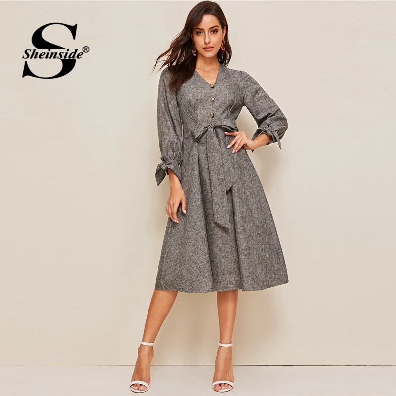 Sheinside Grey Elegant Front Button Detail A Line Dress 2019 Spring Lace Up Cuff Dresses Ladies Solid V neck Midi Dress
Sheinside Grey Elegant Front Button Detail A Line Dress 2019 Spring Lace Up Cuff Dresses Ladies Solid V neck Midi Dress