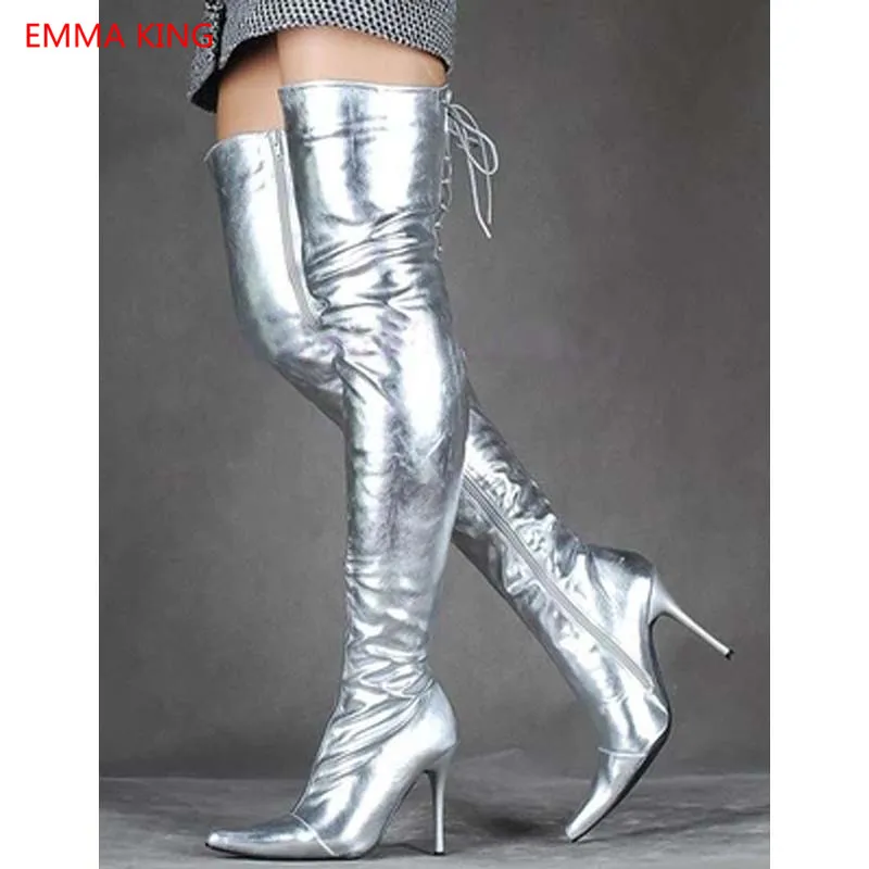 Women's Silver Over Knee Long Boots Pointed Toe Lace Up Stilettos Party Shoes Ladies High Heels Winter Fashion Thigh High Boots
Women's Silver Over Knee Long Boots Pointed Toe Lace Up Stilettos Party Shoes Ladies High Heels Winter Fashion Thigh High Boots