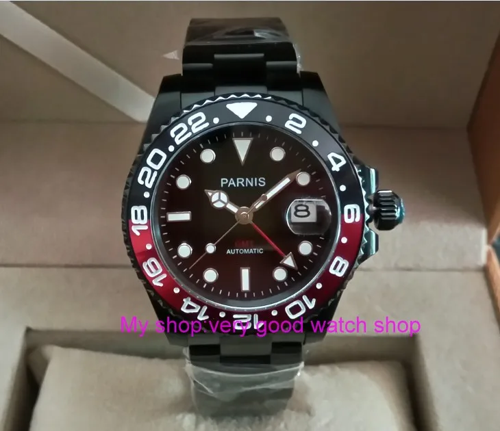 

Sapphire crystal 40mm PARNIS PVD case Asian Automatic Self-Wind movement rotating bezel GMT luminous men's watch pa27