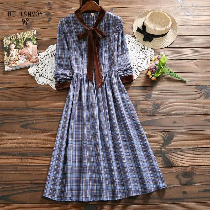 Mori Girl Autumn Winter Women Knee-Leng Dress Bow Plaid Femme Robe Longo Cotton Linen Elegant Vintage Midi Dress Vestidos Verano
Mori Girl Autumn Winter Women Knee-Leng Dress Bow Plaid Femme Robe Longo Cotton Linen Elegant Vintage Midi Dress Vestidos Verano