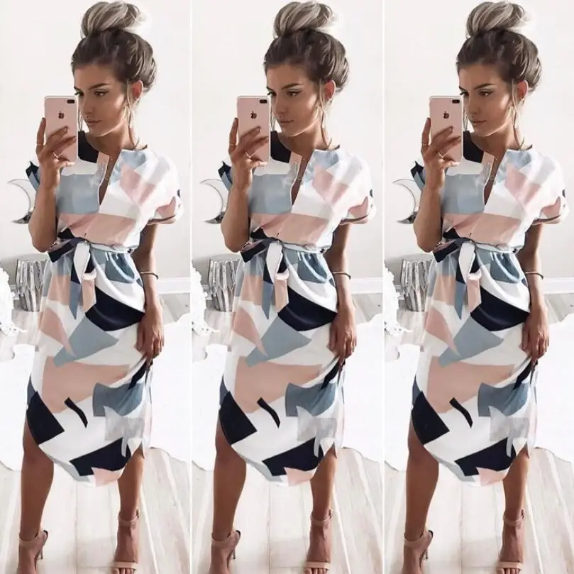 Summer Dress 2018 Women Boho Style Geometric Print Beach Dress Elegant Party Dresses with Belt Vestidos de fiesta Size s-xl
Summer Dress 2018 Women Boho Style Geometric Print Beach Dress Elegant Party Dresses with Belt Vestidos de fiesta Size s-xl