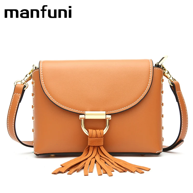 

MANFUNI Genuine Leather Small Handbags Tassel leather Shoulder Bags Female Real First Layer Cow Leather Messenger Bags